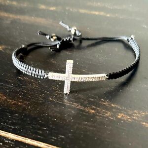 TAI Adjustable Black Braided Silk Bracelet with CZ Cross